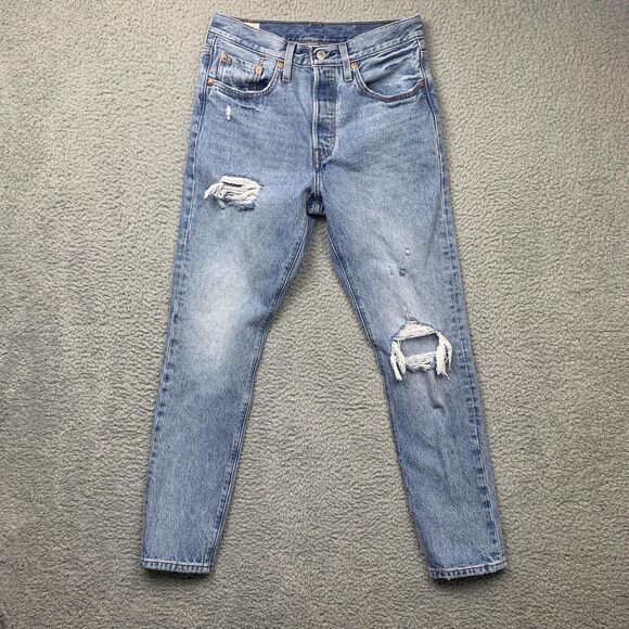 Levis 501 Jeans Womens 28 Premium Big E Button Fly Distressed Tapered Denim - Picture 1 of 16